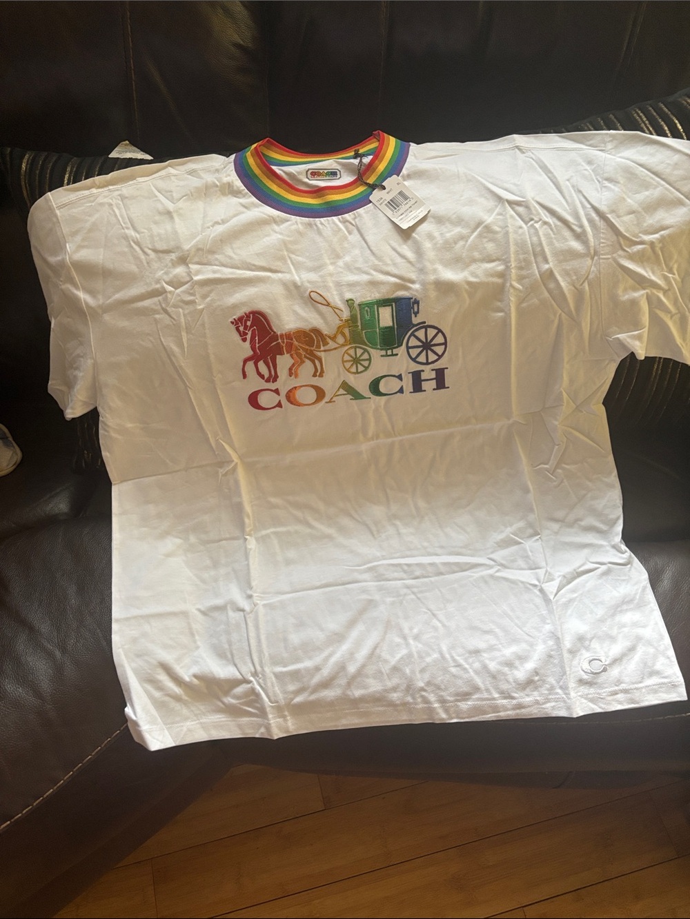 Coach Women White Tee with Rainbow Coach Carriage Logo